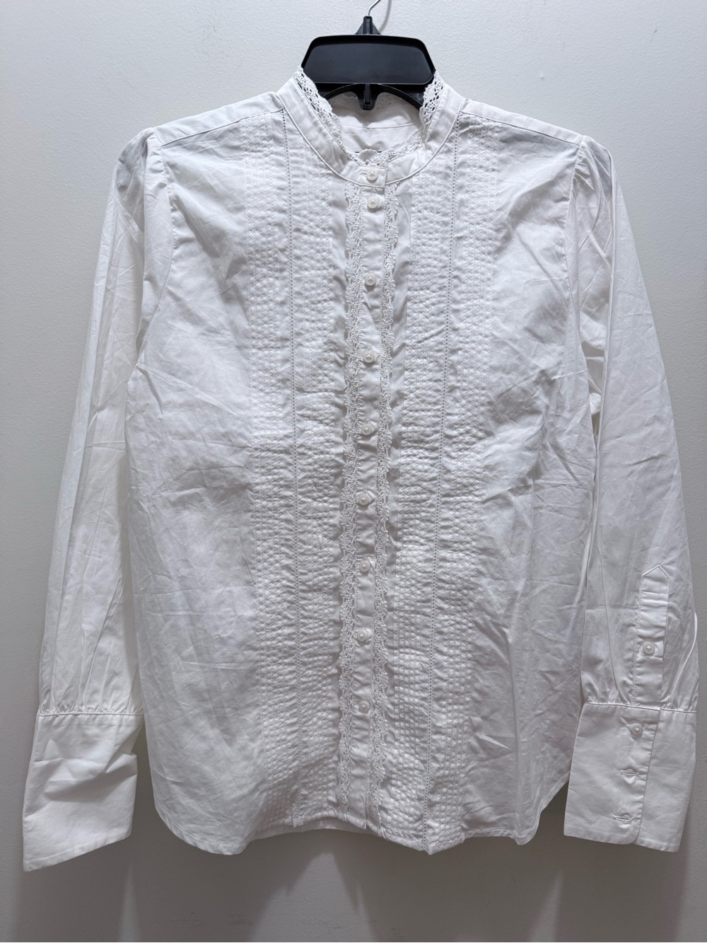 J. Crew White Pintuck Lace-Trim Top
